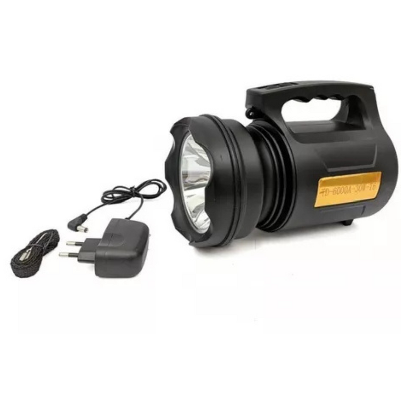 Lanterna Holofote LED 30W TD-6000A T6 Recarregável Pesca Trilha Camping- Preto